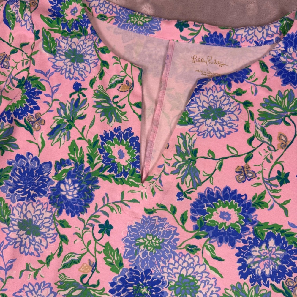 Lilly Pulitzer Sophiletta Shift Dress Womens L Pink Blue Floral Notched Neck